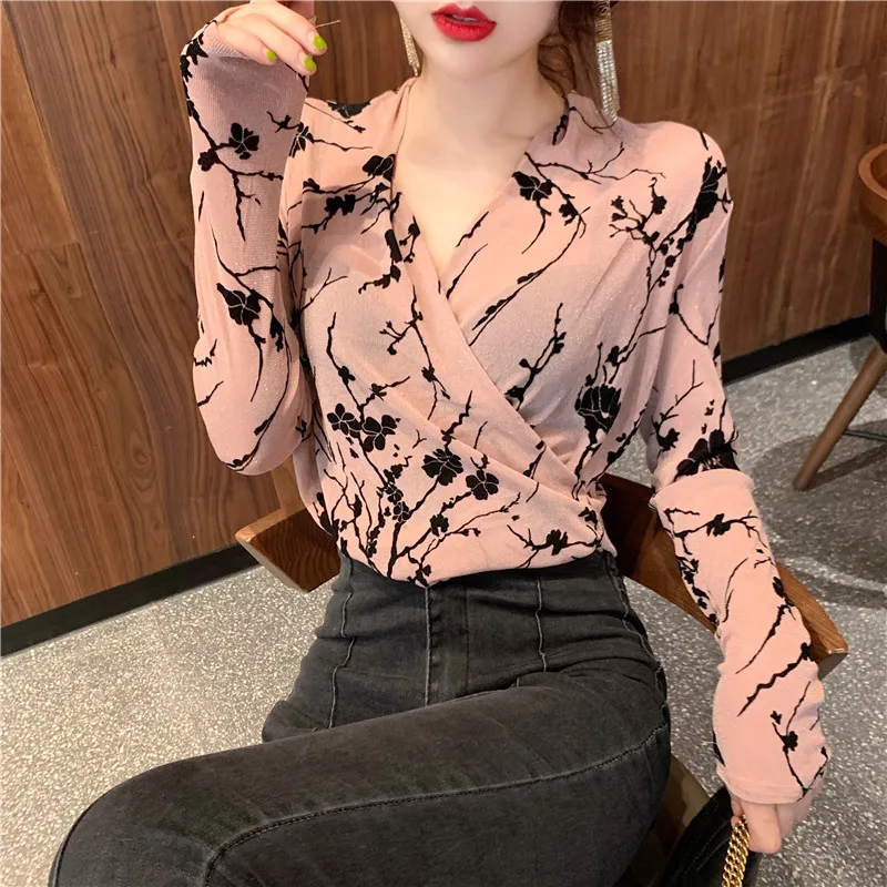 

New V-neck Flower Print Mesh Long Sleeve T-shirts Sexy Low-cut Slim Tops Fashion Brand Women Clothes Spring Autumn Hipster Tees