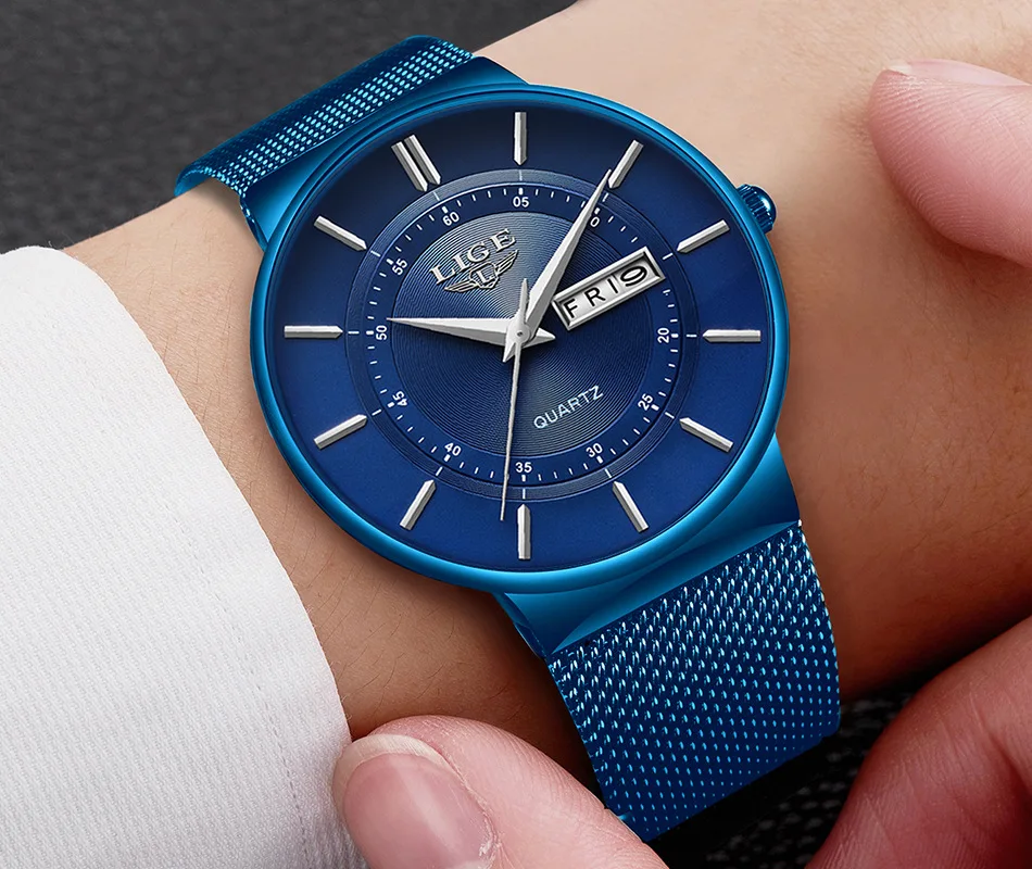 

Mens Luxury Business Ultra Thin Blue Dial Clock Wristwatches Casual Quartz Waterproof Steel Band Sports Watch Male LIGE 9949