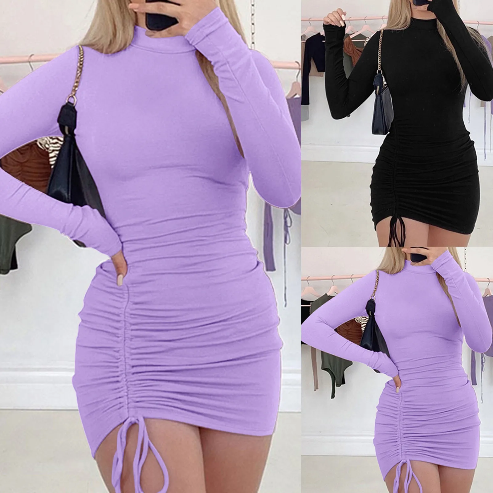 

Sexy Bodycon dress Women's Solid Color High-necked Long-sleeved Pleated Lace-up Mini Dress Autumn Drawstring Dresses 2021 New