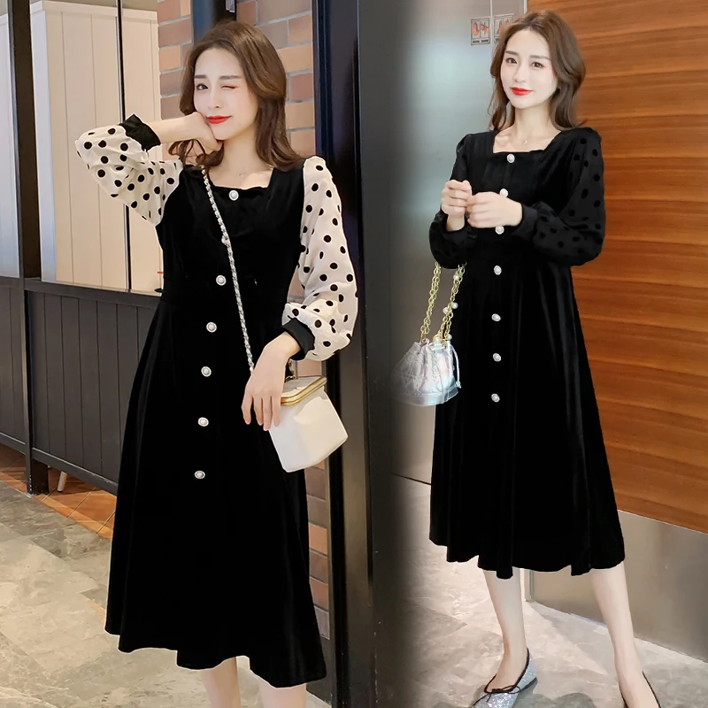 

1702# Autumn Korean Fashion Black Maternity Nursing Long Dress A Line Slim Feeding Clothes for Pregnant Women Lacation Mother