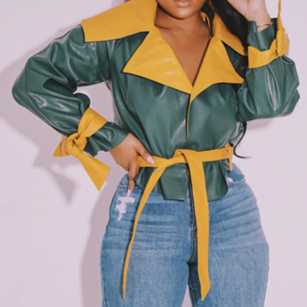 

2021 Winter New Fashion Womens PU Jacket Color Contrast Splicing Lapel Long Sleeve Lacing African Western Style Women Jacket