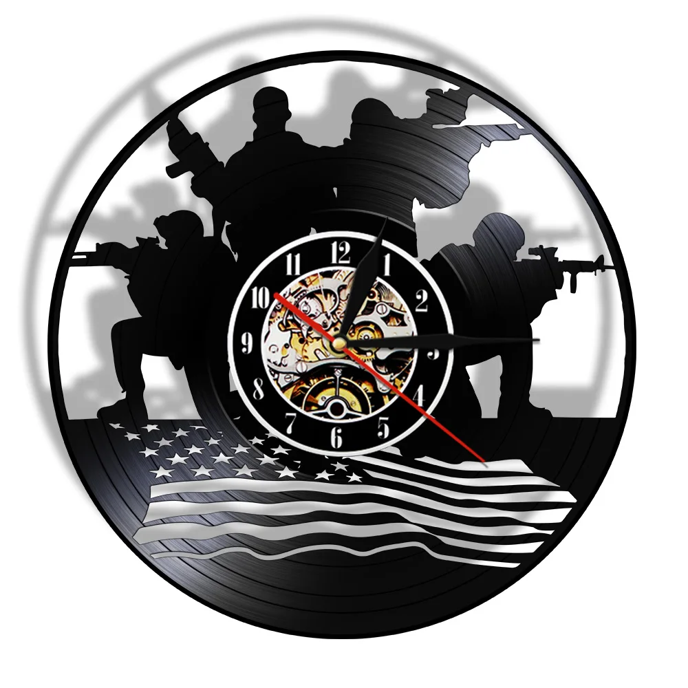 

Soldiers With American Flag Vinyl Record Wall Clock Modern Design Watch Patriotic Home Decor Clock Military Veteran Soldier Gift