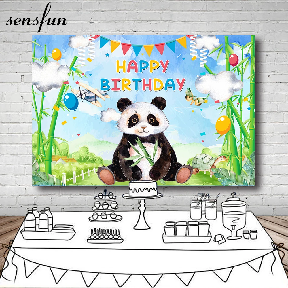 

Sensfun Green Bamboo Cartoon Panda Photography Backdrop Clouds Sky Blue Kids Birthday Party Background Custom Photocall
