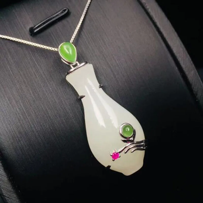 

Natural White Jade Pendant Mosaic 925 Silver Trendy Women Jewelry Free Necklace