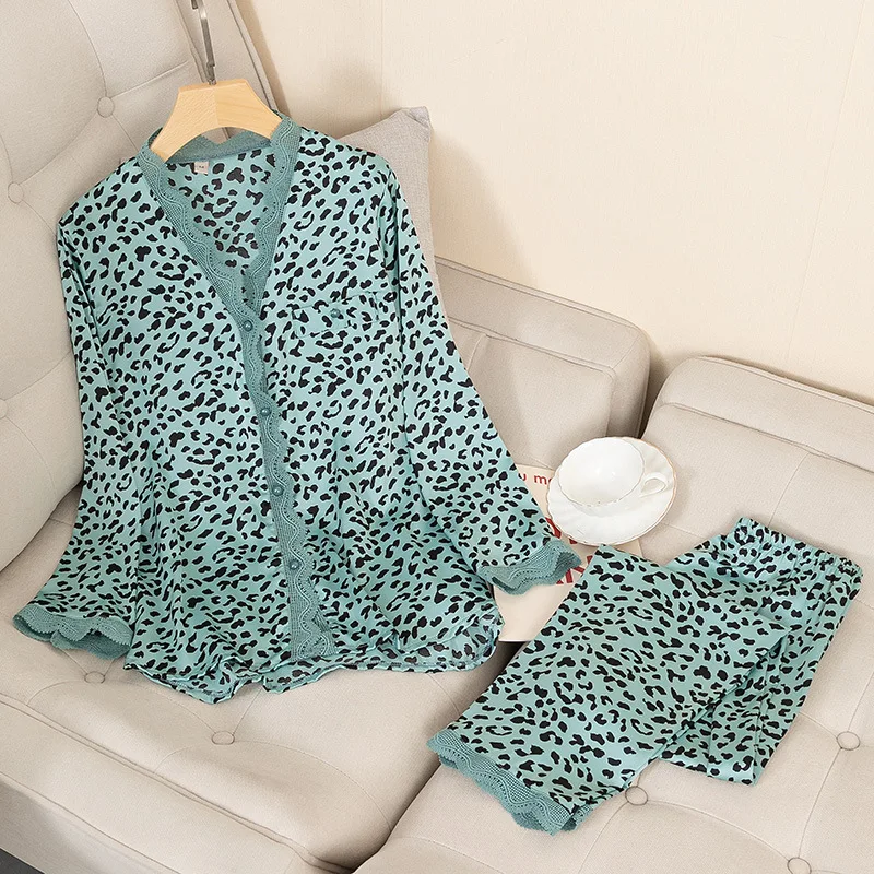 

Leopard Women Sleepwear Satin Lady Sexy 2PCS Pajamas Suit Lace Green Sleep Set Spring Autumn New Nightwear Intimate Lingerie