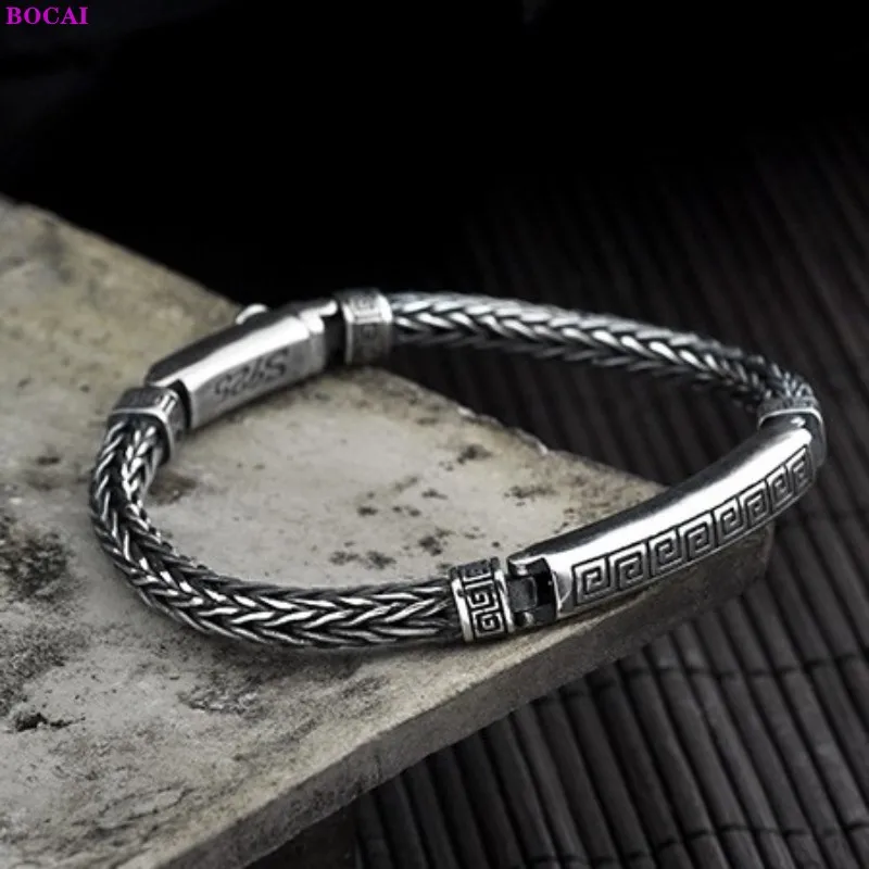 

BOCAI 100% S925 Sterling Silver Bracelets Personality Fashion Thai Silver Safety Pattern Hand Chain Pure Argentum Men's Bangle
