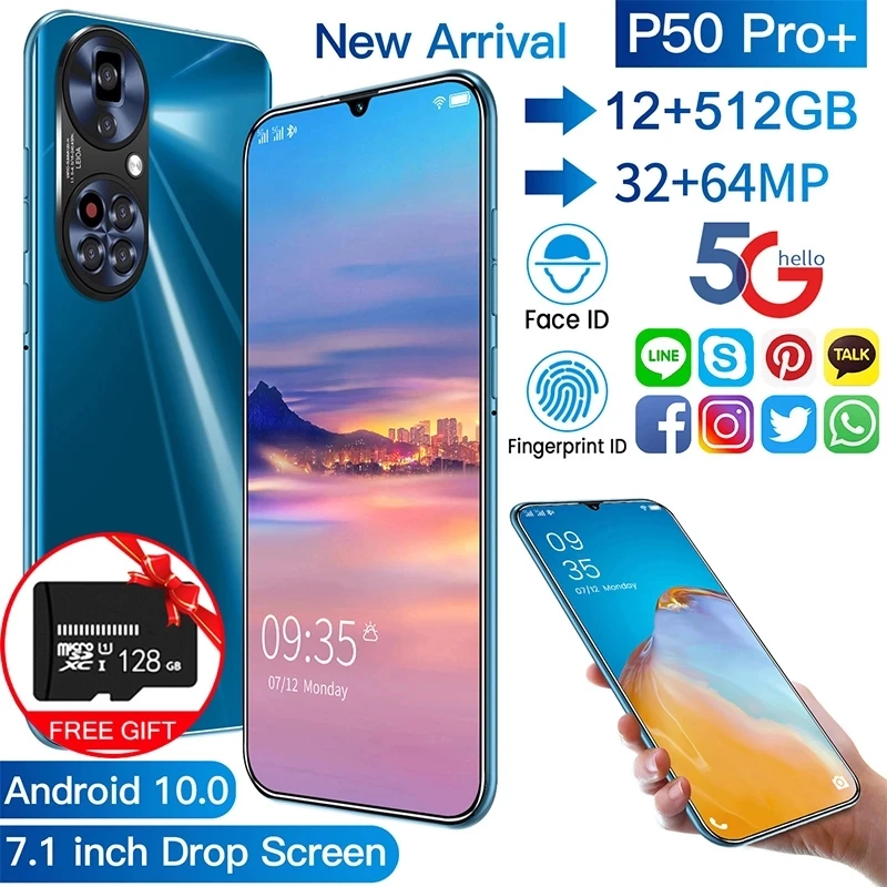 

Hot Sale P50 Pro+ 7.1 Inch Smartphone 5G 12+512GB MTK6598 Andorid 10 Support Google GPS Dual SIM 10 Core Network Cellphone