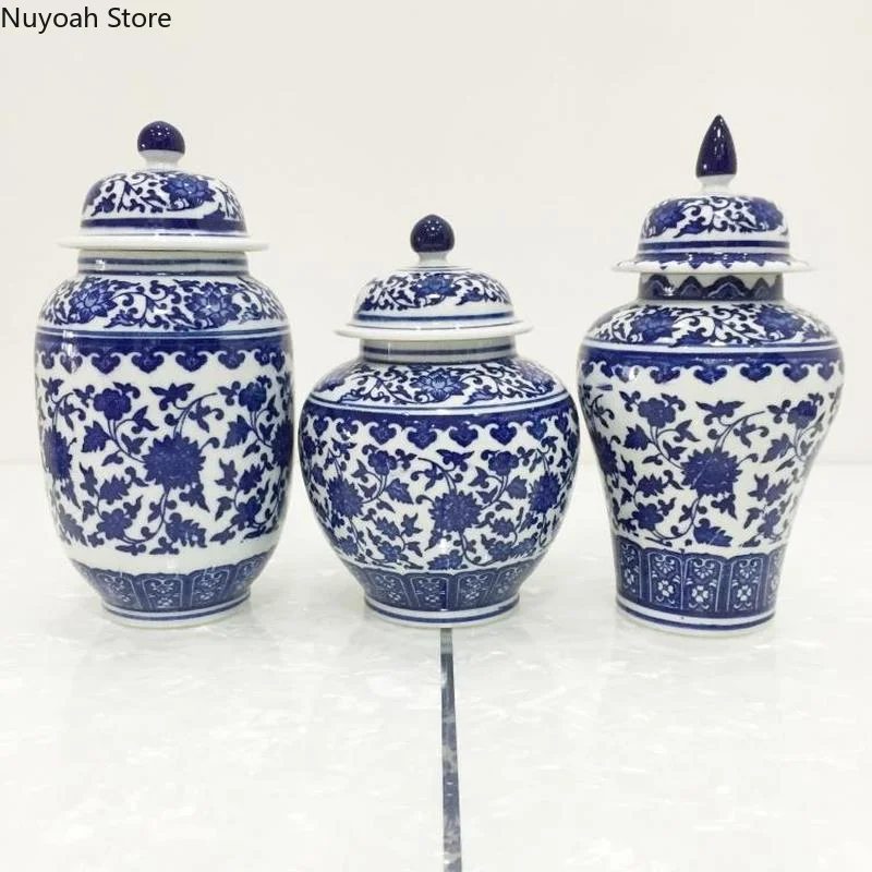 

Керамическая ваза, синяя и белая фарфоровая банка для хранения, украшения в китайском ретро стиле для гостиной, декоративные банки для укра...