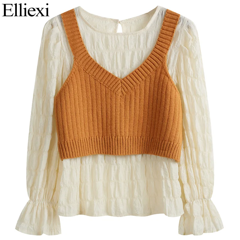 Elliexi 2021 Patchwork Shirts Women Autumn Fake two blouse shirt O-Neck Puff Sleeve Chiffon Tops Korean Ladies Casual Clothes