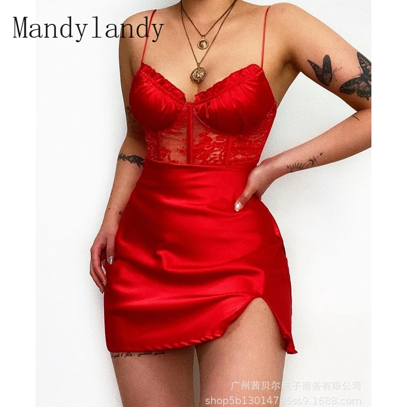 

Mandylandy Dress Autumn Fashion V-neck Backless Gauzy See-through Spaghetti Strap Dress Women's Sexy Lace Slim High Waist Dress