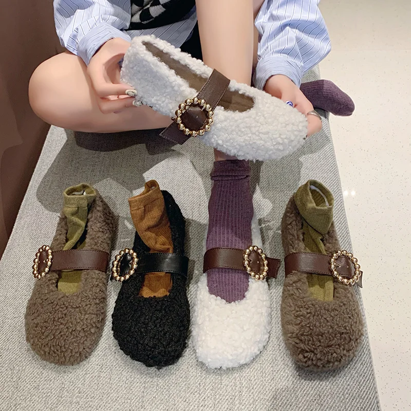 

Elegant Shoes Woman Flats Loafers Fur All-Match Casual Female Sneakers Round Toe Autumn Dress New Winter Comfortable Fall Leisur