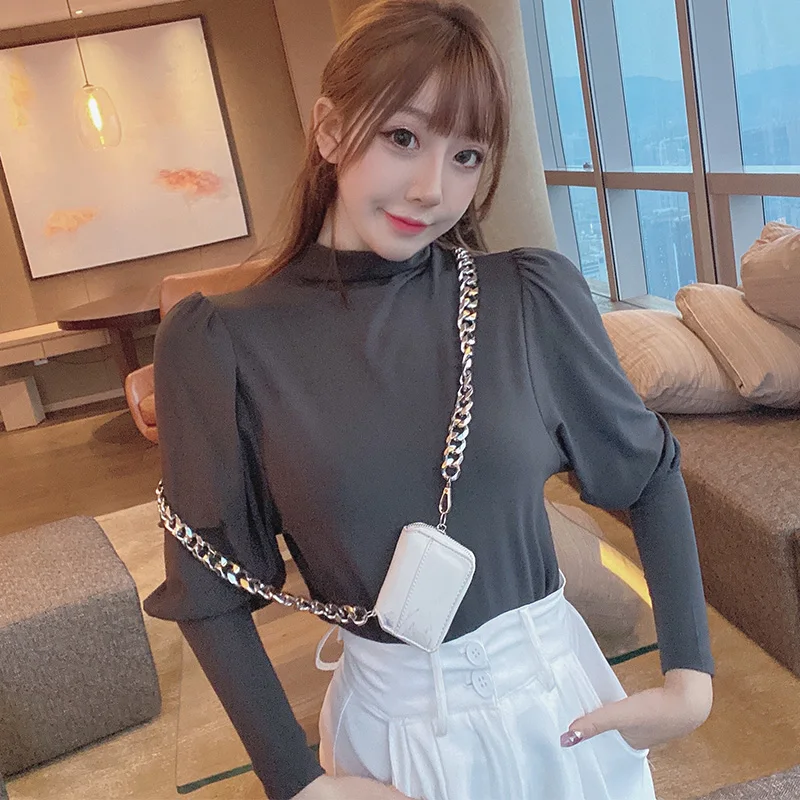 

New style in autumn and winter 2020, pure cotton elastic T-shirt, thin bubble sleeve, half high collar top for women