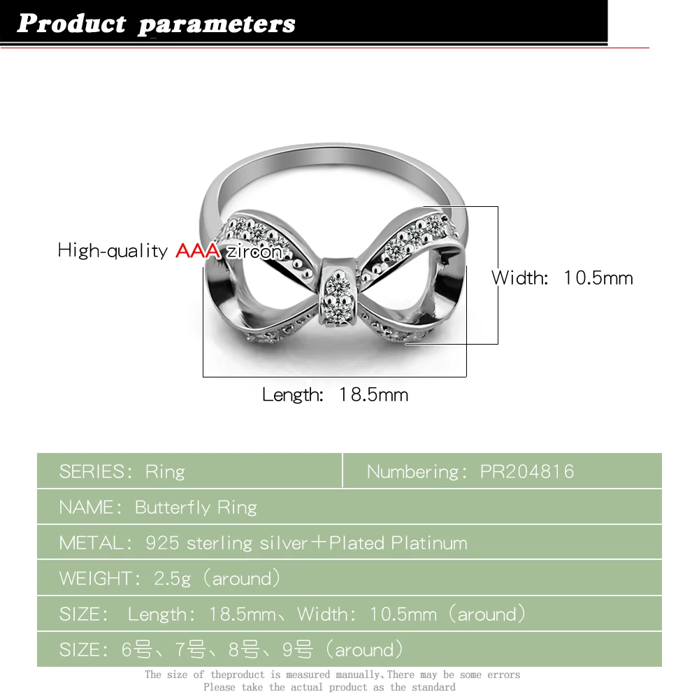 925 Sterling Silver Jewelry Korean Version of The Simple Fashion Shiny Zircon Bow Ring for Women Female Charming | Украшения и