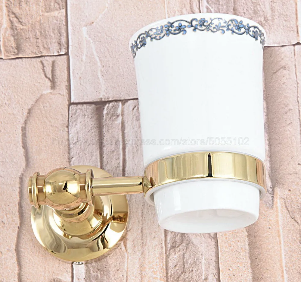 Латунный держатель для зубных щеток золотого цвета с одной керамической чашкой