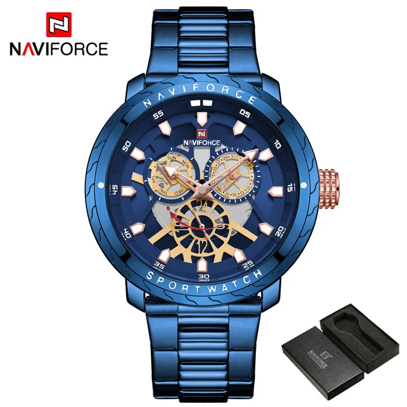 NA915801 with box NAVIFORCE мужские наручные часы модные спортивные мужские часы лучший бренд Роскошные военные армейские бизнес из нержавеющей стали кварцевые мужские часы 9158 - Цвет: NA915801 with box