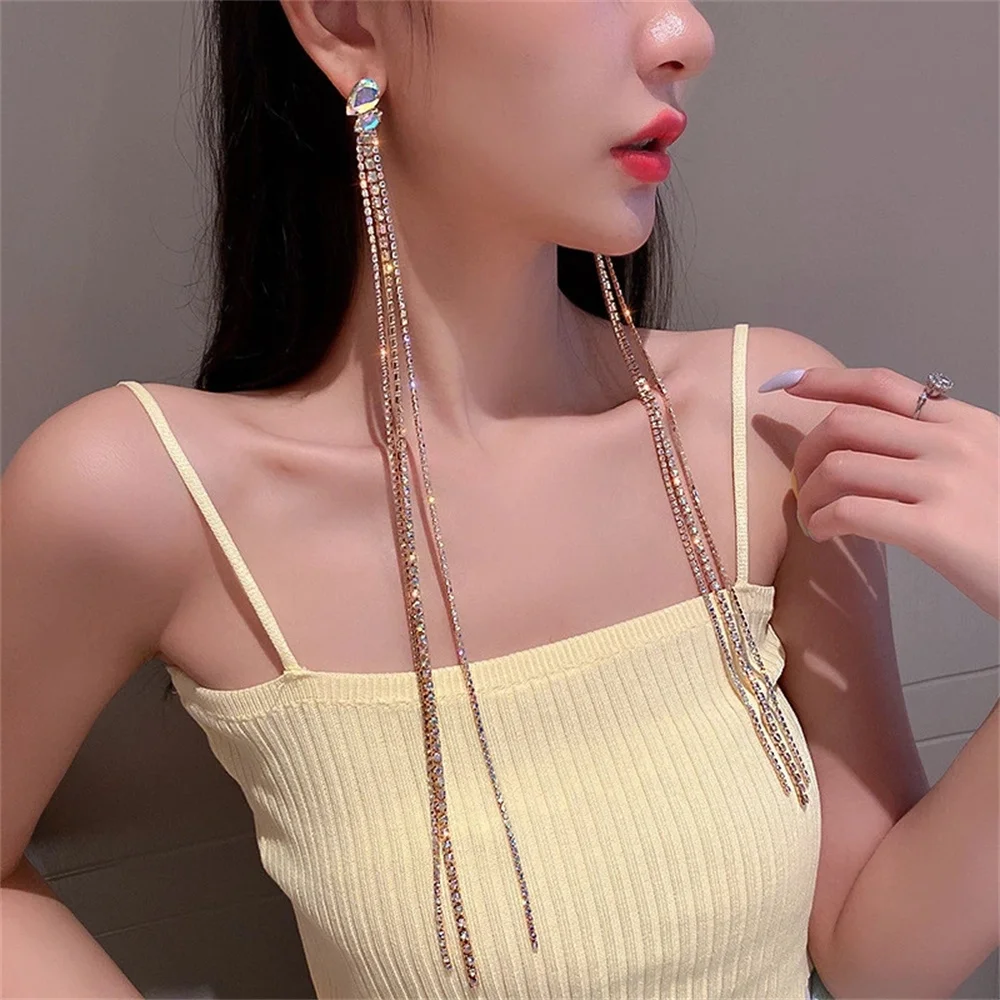 

Trendy Oversize Long Tassel Rhinestone Drop Earrings For Women Cubic Zirconia Colorful Crystal Dangle Earrings Statement Jewelry