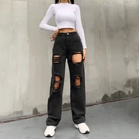womens jeans fashion trend personality punk wind hole high waist washed loose casual pants straight leg pants trousers women