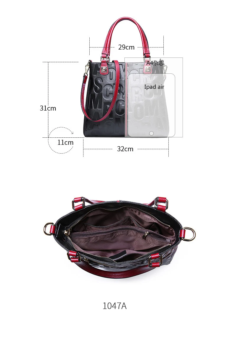 Wmnuo Brand Bag Women's Tote Genuine Leather Handbag For Women Cow Personality Letter Embossing Ladies Shoulder Bag Two Style