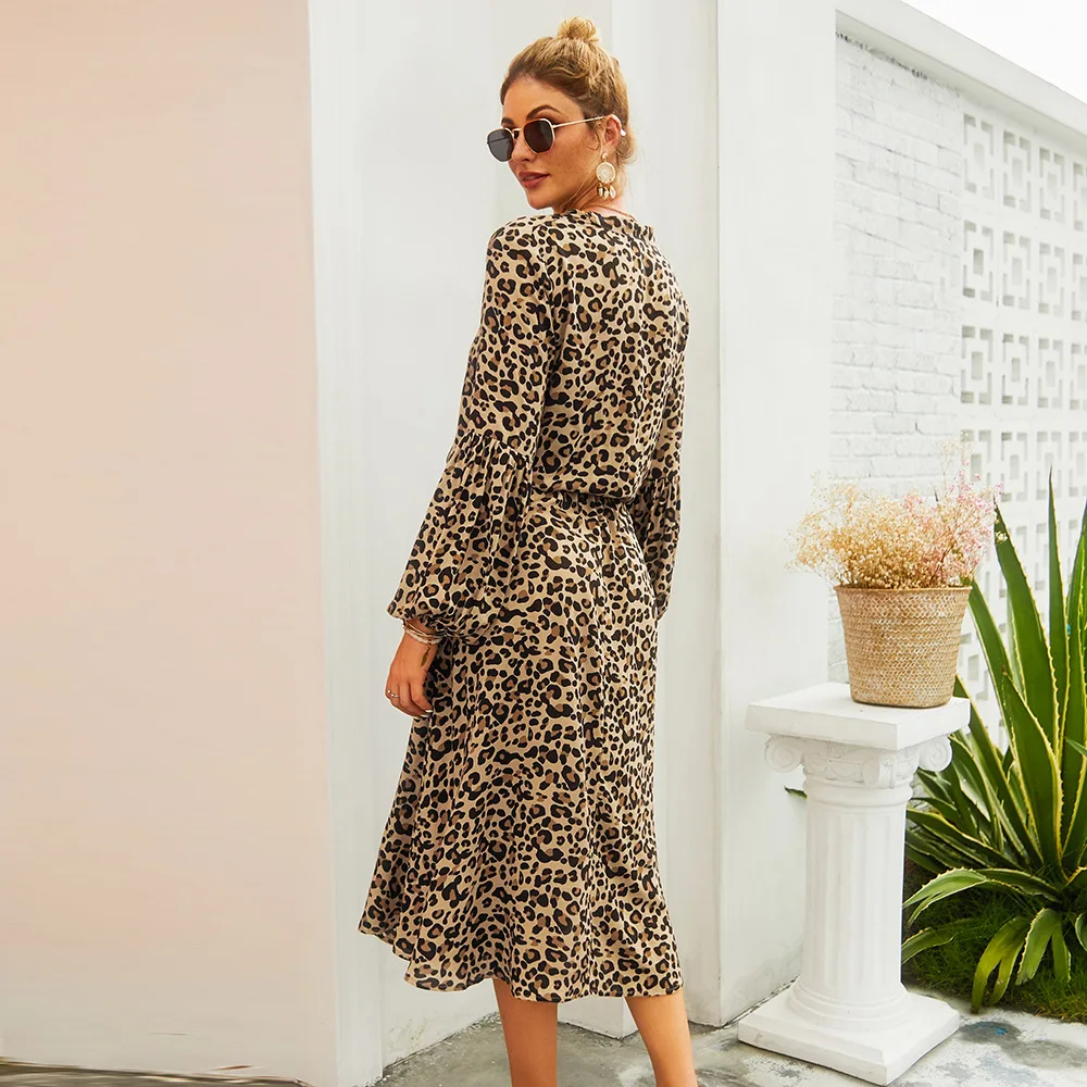 

Leopard print dress 2021 spring and summer new leopard print long sleeve V-neck casual mid-length dress