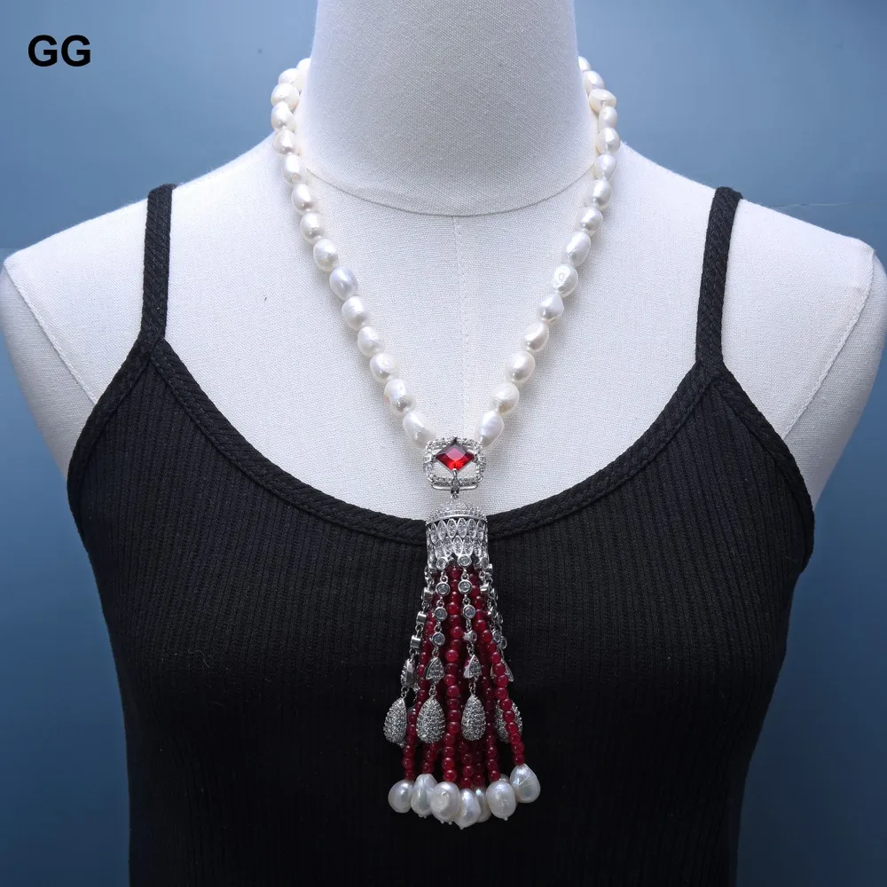 

GuaiGuai Jewelry Natural White Baroque Keshi Pearl Red Jades Necklace Red Crystal CZ Pave Pendant Hyperbole Style For Women