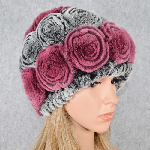 rose red and gray Горячая Распродажа зимние женские вязаные натуральный настоящий мех кролика шапки женские теплые Настоящий мех кролика шапки Цветочные меховые шапочки - Цвет: rose red and gray