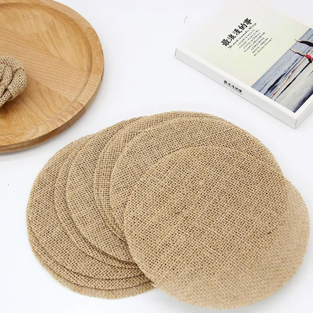 

100pcs Jute Rope Burlap Table Mat Round Shape Burlap Rustic Wedding Decoration Christmas Party Table Decor Wedding Supplies