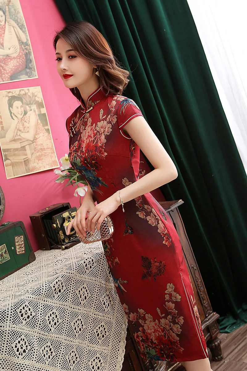 Женское винтажное платье Ципао из искусственного шелка с цветочным