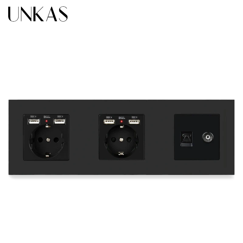 UNKAS Европейская стандартная черная пластиковая двойная розетка с 4 USB портами для