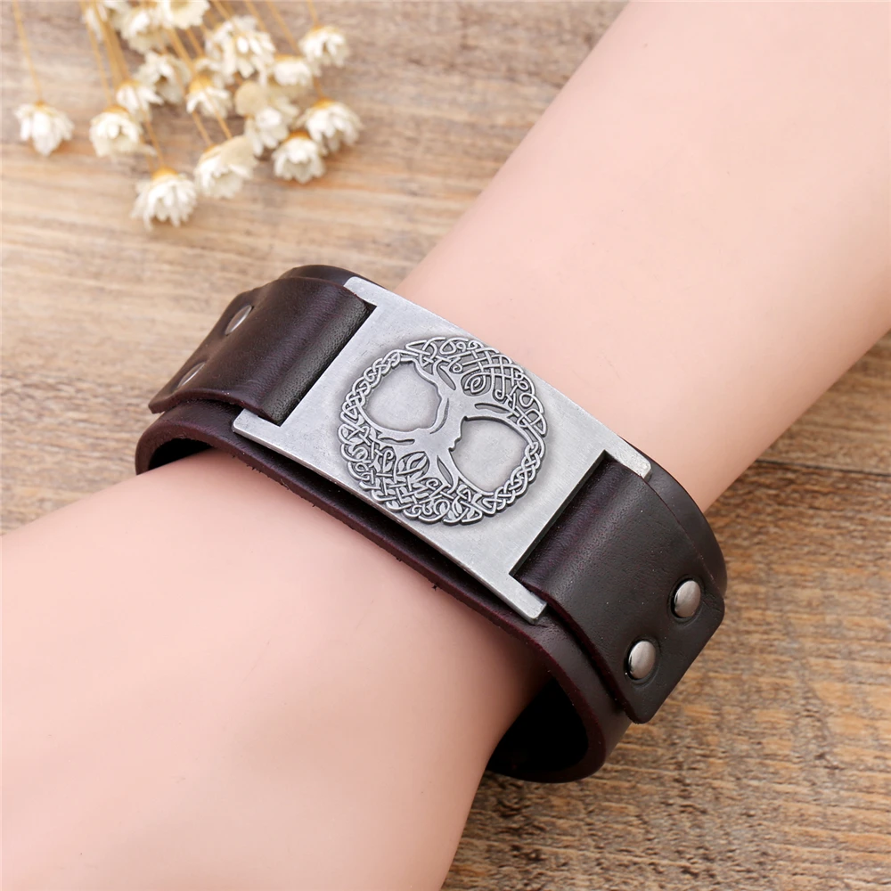 Skyrim Viking Tree of Life Vintage Wrap Wicca Metal Leather Bracelet Amulet Adjustable Cuff Bracelet Vintage Jewelry Men images - 6