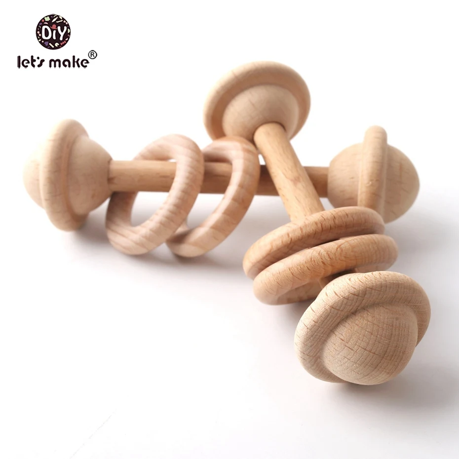Let's Make Wooden Teether Rattle Squeaker 10pc Infant Wooden Teether Food Grade Wooden Teething Sensory Activity Teether Rattle