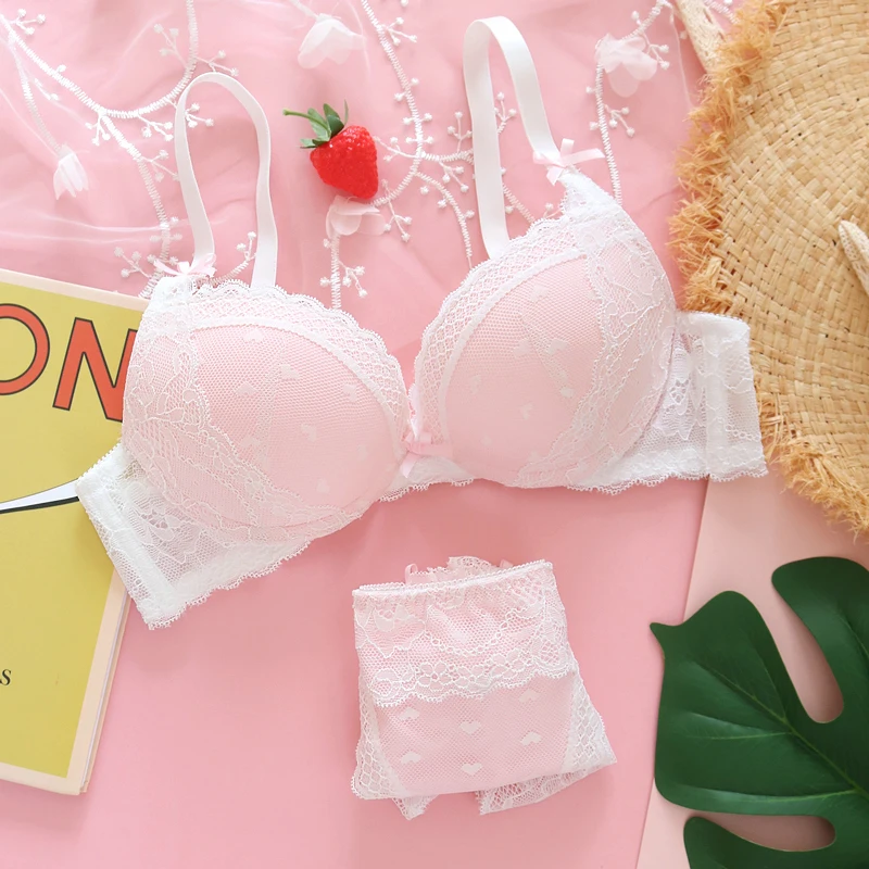 Pink Peach Love Japanese Soft Sister Sweet Lovely Push Up Underwear Set Sexy Young Girl Mesh Lace Bra & Brief Sets Daily Student