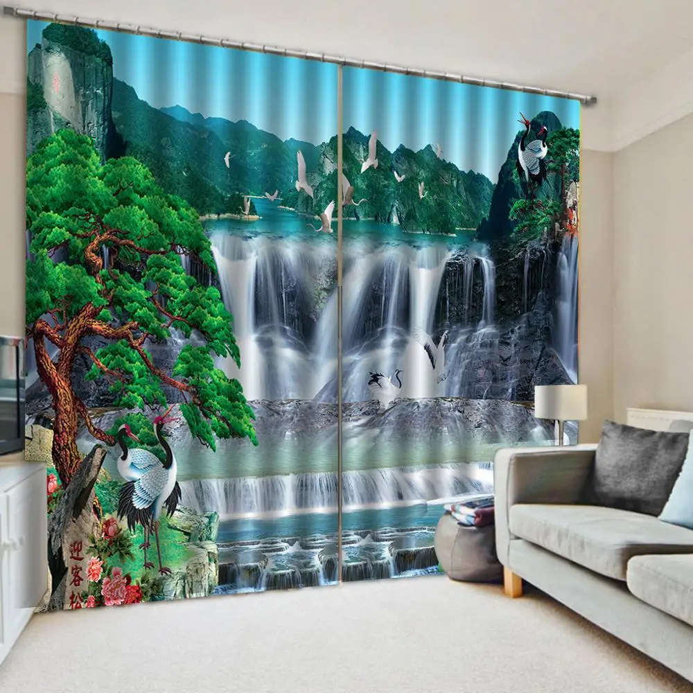 Шторы на окна с 3d изображением водопада роскошные занавески принтом затемняющие