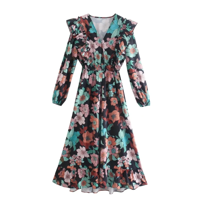

Vintage Women Flower Print V Neck Cascading Ruffle Midi Dress Female Long Sleeve Clothes Casual Lady Loose Vestido D8678