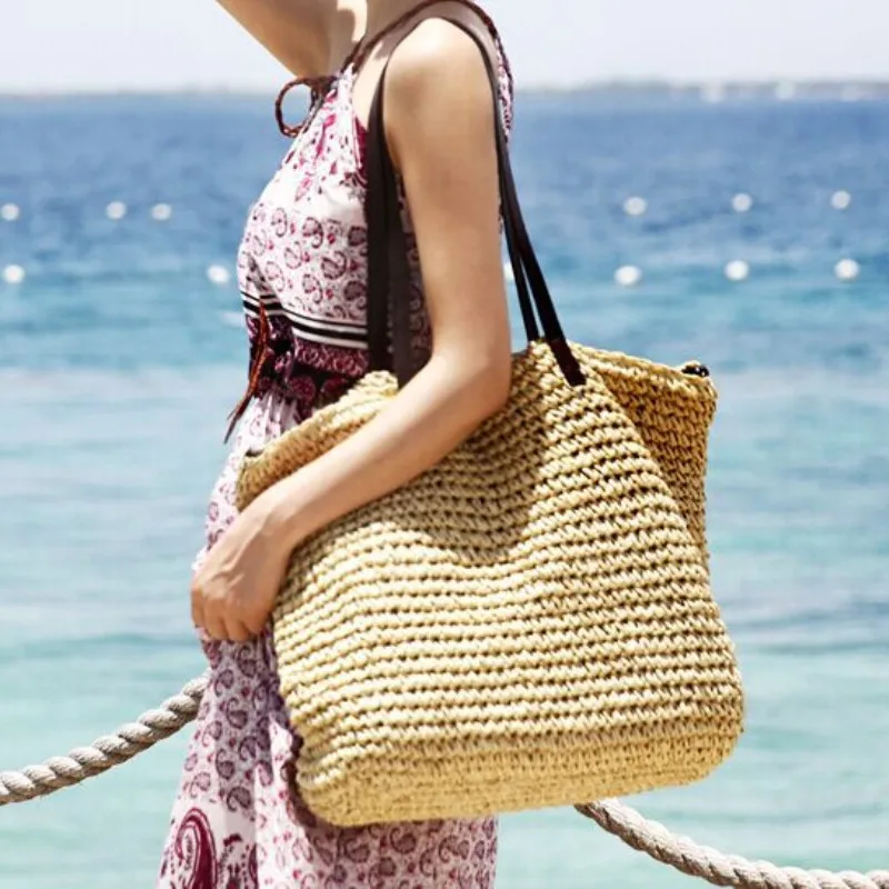 

Women Handbag Summer Beach Bag Rattan Woven Handmade Knitted Straw Large Capacity Totes Leather Women Shoulder Bag Bohemia New