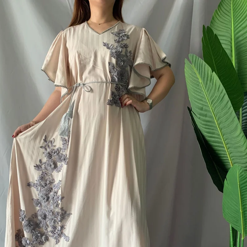 

Европейское и американское платье с вышивкой в виде листьев лотоса, с трехмерными цветами, абайя, мусульманская женская