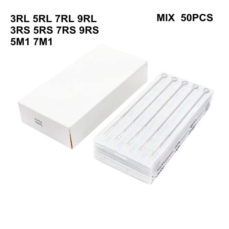 Иглы для тату 50 шт стерилизованные одноразовые Смешанные Ассорти 3RL 5RL 7RL 9RL 3RS 5RS 7RS