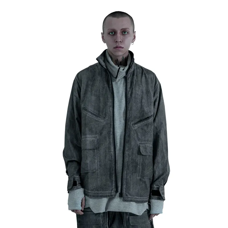 PUPIL TRAVEL Men's Washed Vertical Collar Zip Up Shirt 20FW Techwear Hip Hop Punk Jacket Waste Soil Style Streetwear