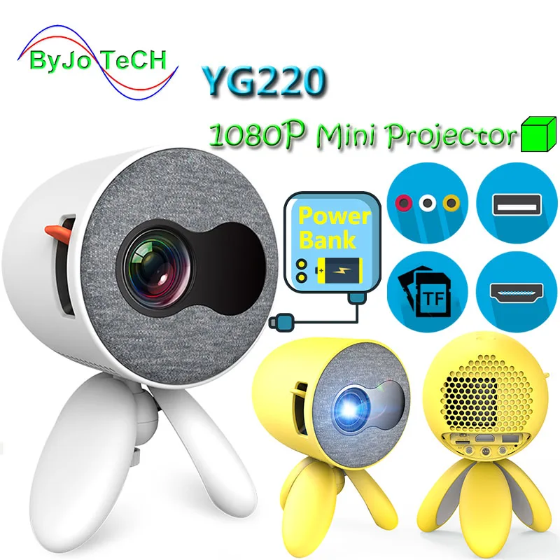 

Светодиодный мини-проектор ByJoTeCH YG220, портативный карманный проектор 1500 лм, 5 В, 2,5 А, внешний аккумулятор с поддержкой HDMI, USB, проектор для дома...