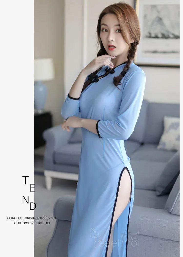 Пикантные Разделение Бандажное платье мини стиль Прозрачное Cheongsam сексуальное