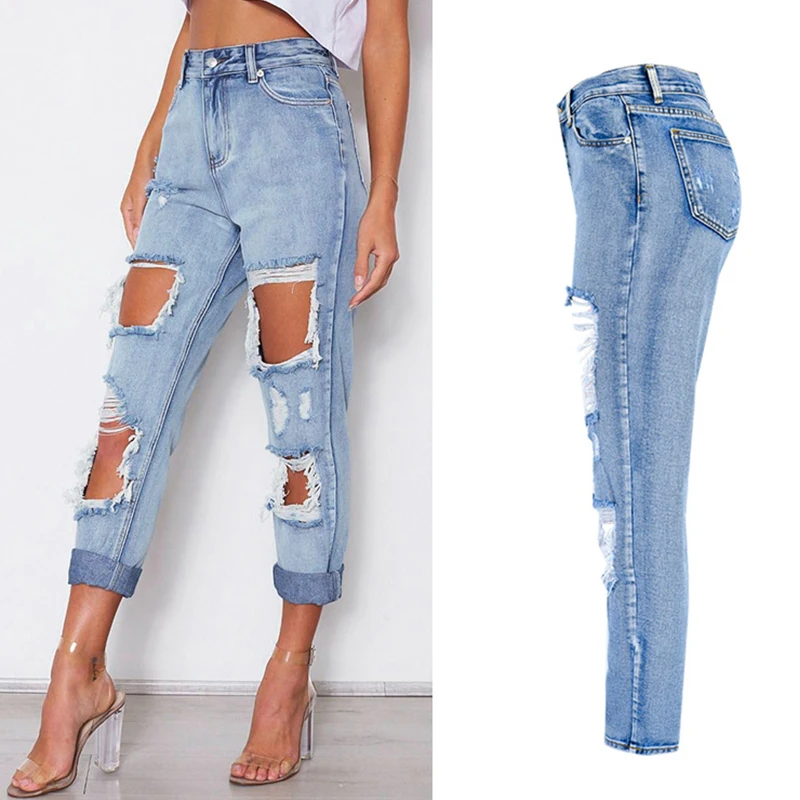 

2021 Women Blue Denim Pants Women Jeans Femme Summer Washed Bleaching High Waist Jeans Boyfriend Ripped Jeans