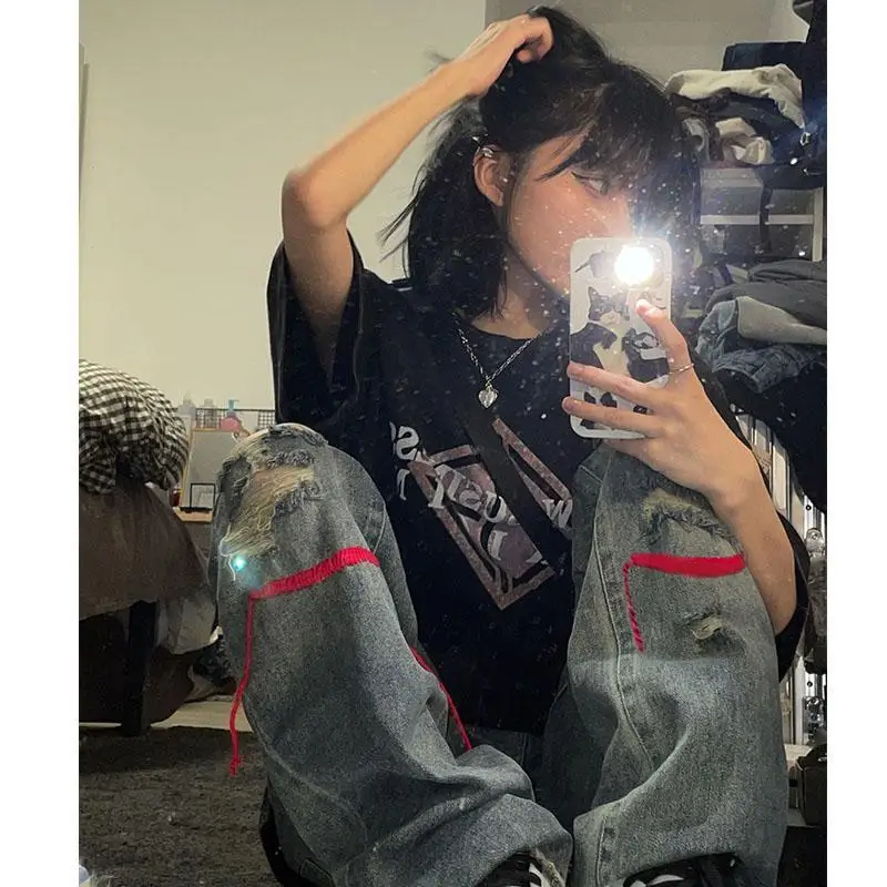 

Varofi straight pants girl hiphop high street hot girl women jeans y2k baggy wide leg jeans ripped jeans for women loose pants