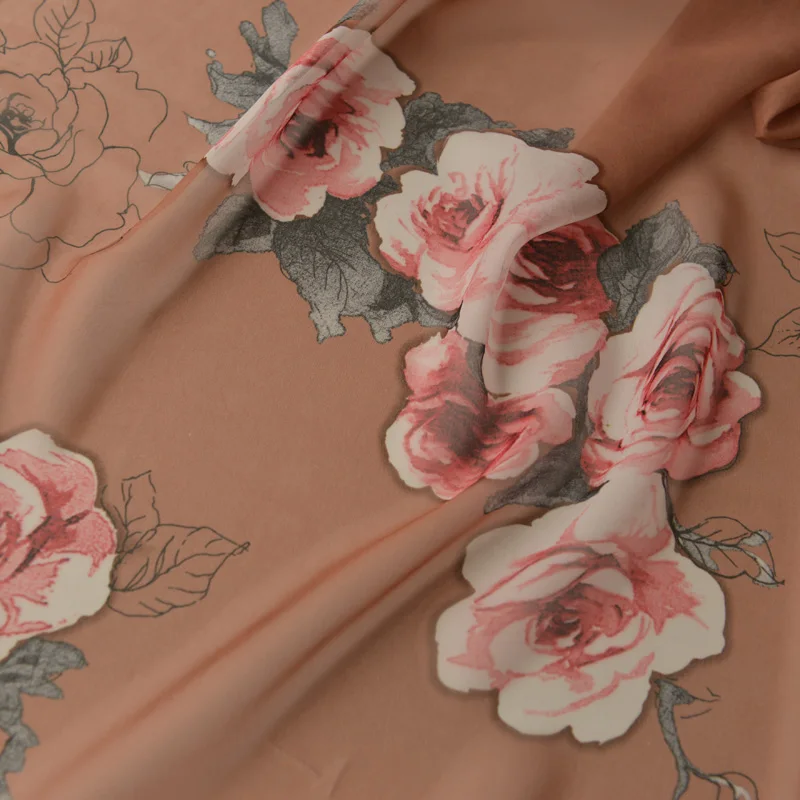 

140cm Width Coffee rose chiffon dress shirt silk scarf curtain fabric
