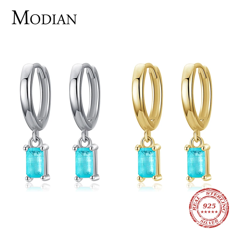 Modian Exquisite Tourmaline Hoop Earrings Fashion Real 925 Sterling Silver Rectangle Paraiba Earring For Women Fine Jewelry Gift