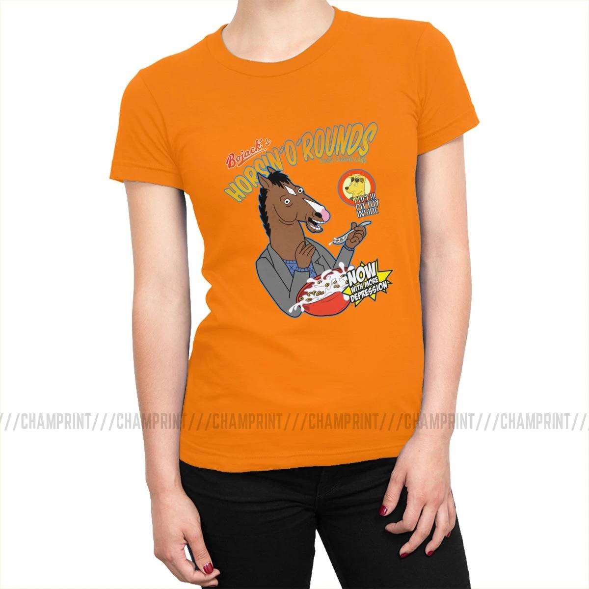 Женские футболки Bojack's cereal, Забавные футболки Bojack Horseman с рисунками из мультфильмов, модные хлопковые футболки, топ, базовая Женская одежда с графическим принтом - Цвет: Оранжевый
