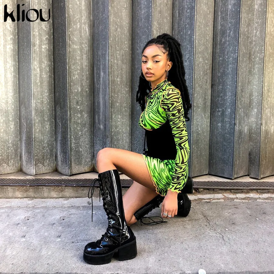 Kliou Fall Sexy Club Dresses women Fashion Print High Neck ruffles Long Sleeve Mini slim Bodycon Dress sexy mesh fabric