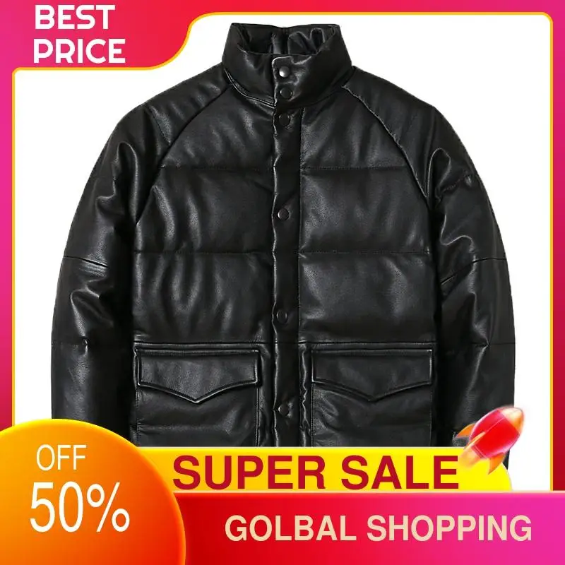 

2021 Black Casual Style Genuine Leather Down Jacket Plus Size 4XL Real Natural Cowhide Russian Winter Warm Coat