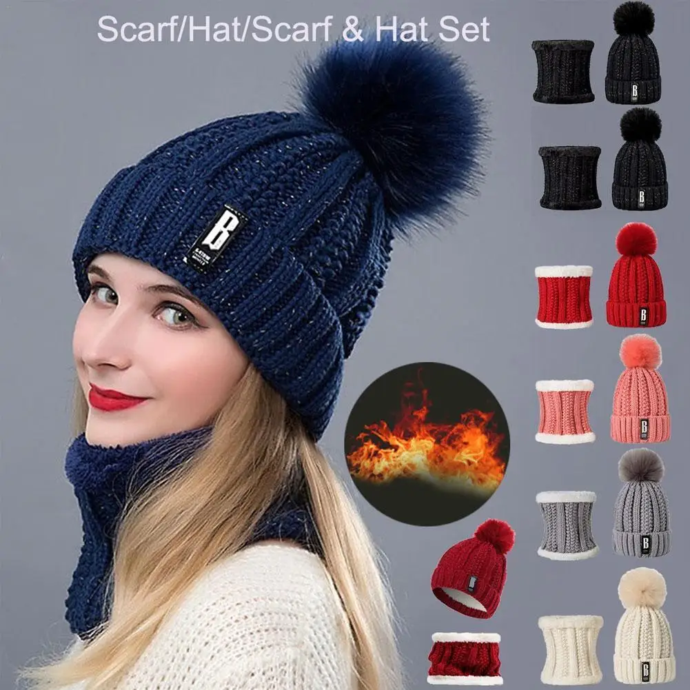 

Winter Knitted Beanies Hats For Women Girls Thick Plush Bonnet Skullies Beanie Caps Scarf Caps Set Protect Neck Face Warm Caps