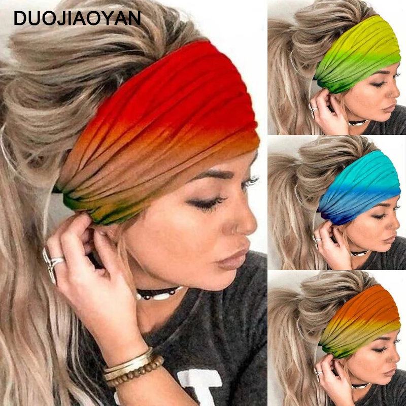 

DUOJIAOYAN Women rainbow color headband Fabric Yoga Sport Elastic Hairband Plain wide Turban Women Headwrap Hair Accessories