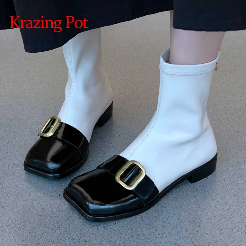 

krazing pot new cow patent leather square toe med heel stretch boots buckle decoration mixed colors beauty girls ankle boots L70