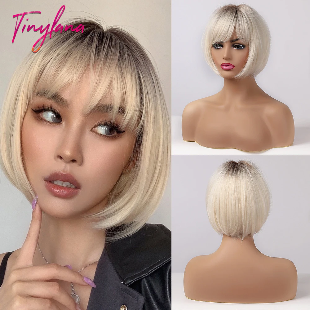 

TINY LANA Short Cut Straight Wig with Bangs Ombre Brown Blonde Ash Gray Synthetic Bob Wigs for Black Women Daily Heat Resiatant